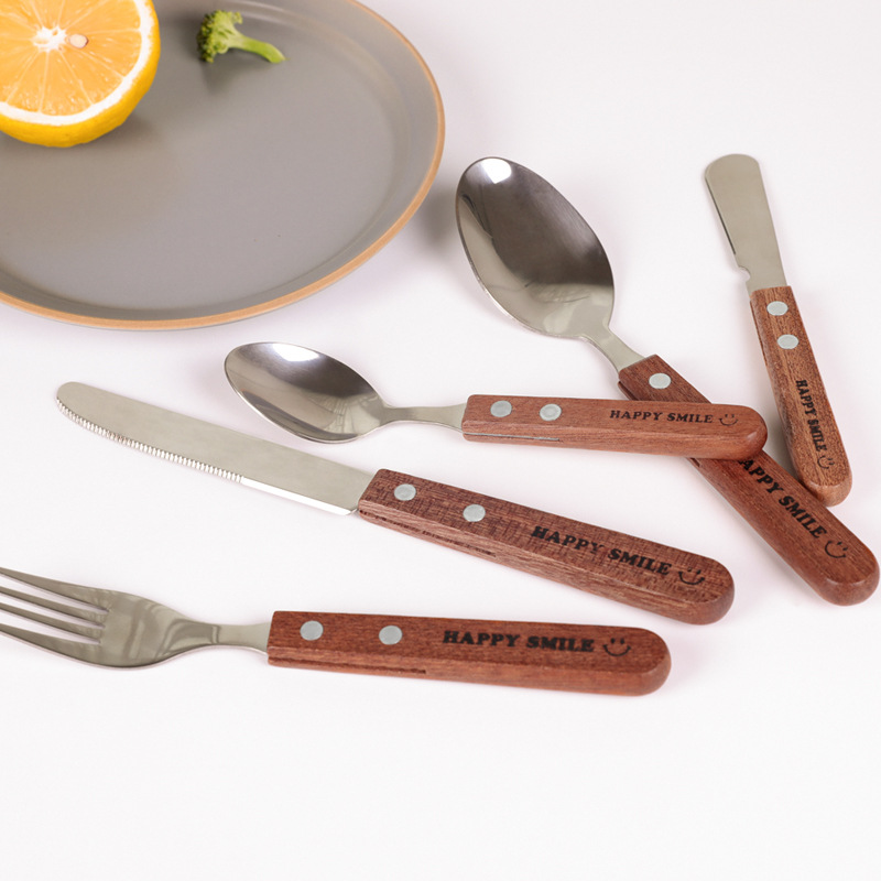 Japanese Imported Vigorous Smiley Face Stainless Steel Wooden Handle Knife, Fork and Spoon Ins Same Style Dessert Spoon Sauce Knife Western Food Knife and Fork