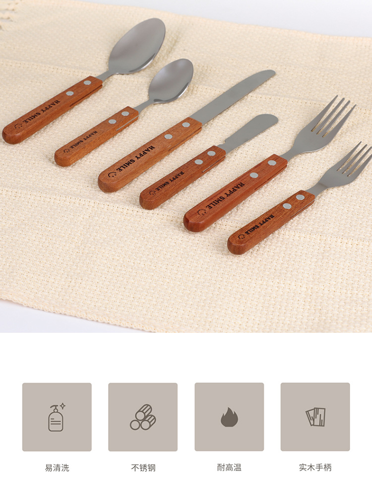 Japanese Imported Vigorous Smiley Face Stainless Steel Wooden Handle Knife, Fork and Spoon Ins Same Style Dessert Spoon Sauce Knife Western Food Knife and Fork Japanese Imported Vigorous Smiley Face Stainless Steel Wooden Handle Knife, Fork and Spoon Ins Same Style Dessert Spoon Sauce Knife Western Food Knife and Fork
