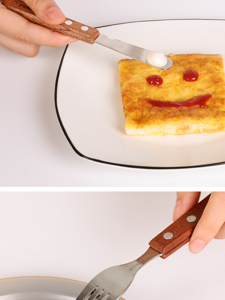 Japanese Imported Vigorous Smiley Face Stainless Steel Wooden Handle Knife, Fork and Spoon Ins Same Style Dessert Spoon Sauce Knife Western Food Knife and Fork Japanese Imported Vigorous Smiley Face Stainless Steel Wooden Handle Knife, Fork and Spoon Ins Same Style Dessert Spoon Sauce Knife Western Food Knife and Fork