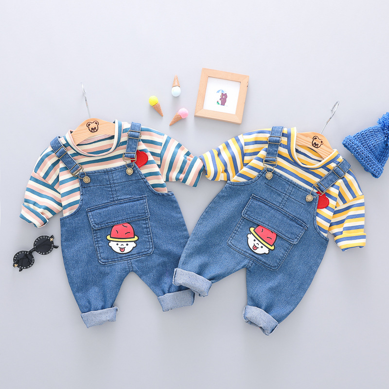 Autumn and Winter New Male Baby Clothes Love Romper Suspender Pants Two-Piece Cute Children's Clothing Baby Denim Suit Autumn and Winter New Male Baby Clothes Love Romper Suspender Pants Two-Piece Cute Children's Clothing Baby Denim Suit