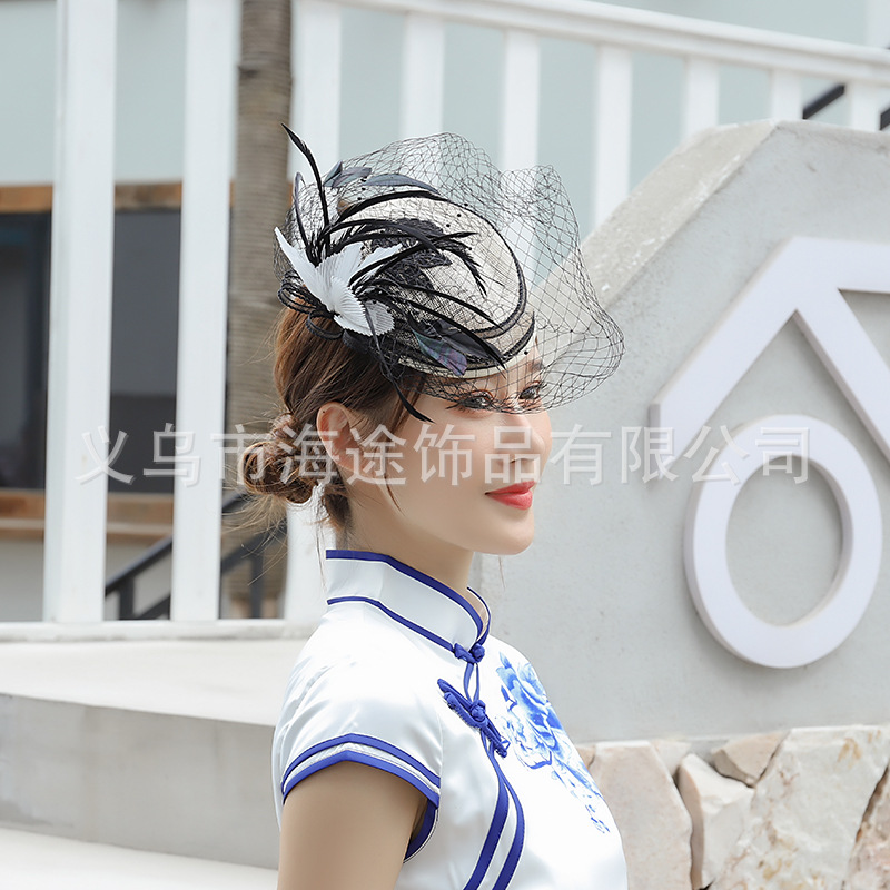 Imported Cambric Feather Mesh Bowler Hat Foreign Trade Amazon Horse Racing Festival Banquet Dance Festival Paty Top Hat Wholesale