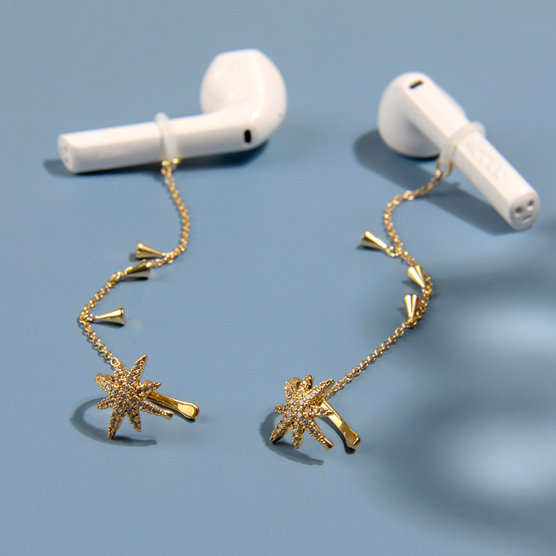 KJ Copper Inlaid Zirconium Earphone Anti-Lost Chain Ear Clip Female Cross-Border High-End and Fashionable Earrings Six-Pointed Star Earphone Anti-Lost Earrings