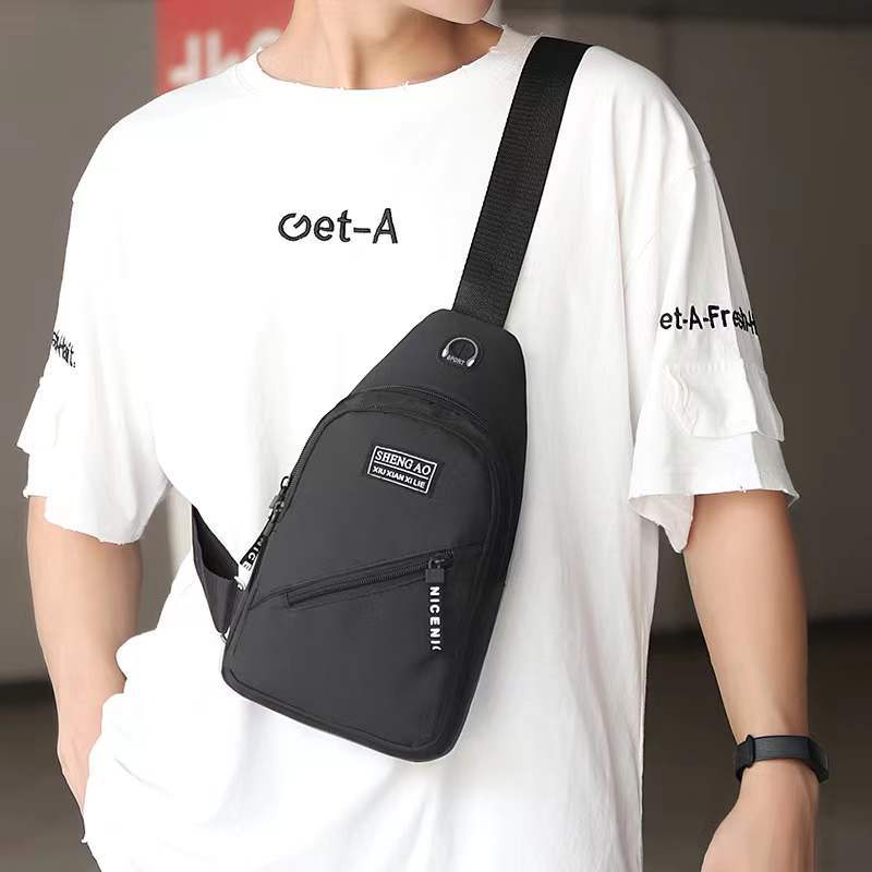 Cross-Border Small Chest Bag Fashion Oxford Cloth Crossbody Shoulder Bag USB Earphone Hole Large Capacity Men&#039;s Chest Bag