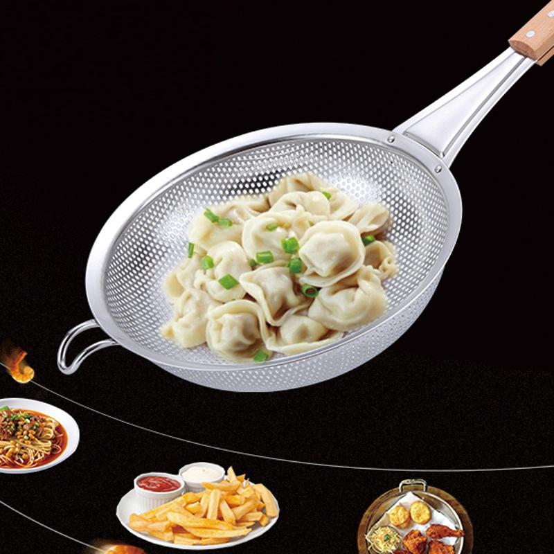 Long Xiang Kitchenware Household Kitchen Commercial Hotel Wooden Handle Stainless Steel over Ladle Oil Filter Fried Big Strainer