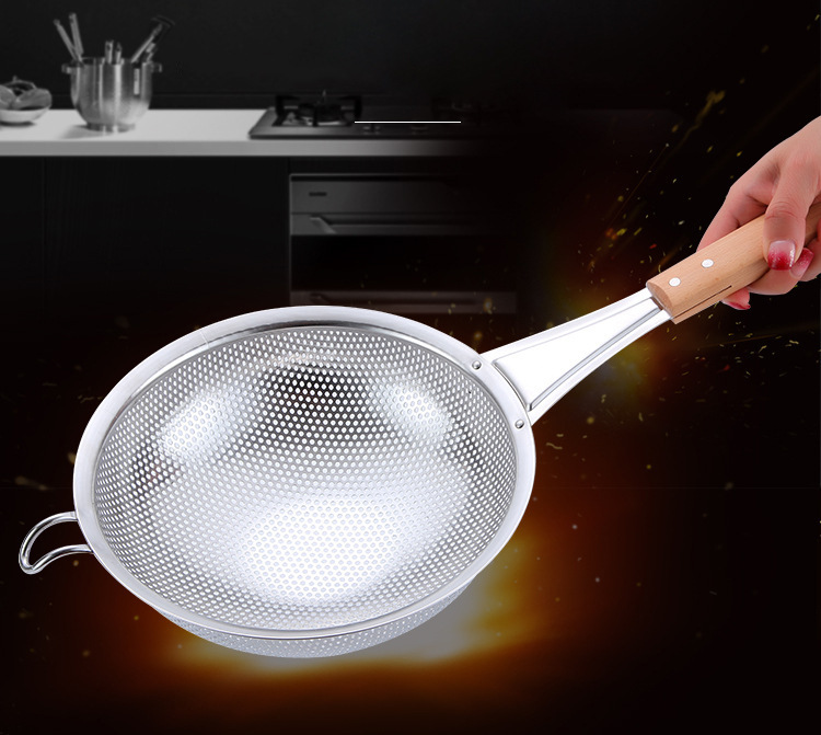 Long Xiang Kitchenware Household Kitchen Commercial Hotel Wooden Handle Stainless Steel over Ladle Oil Filter Fried Big Strainer