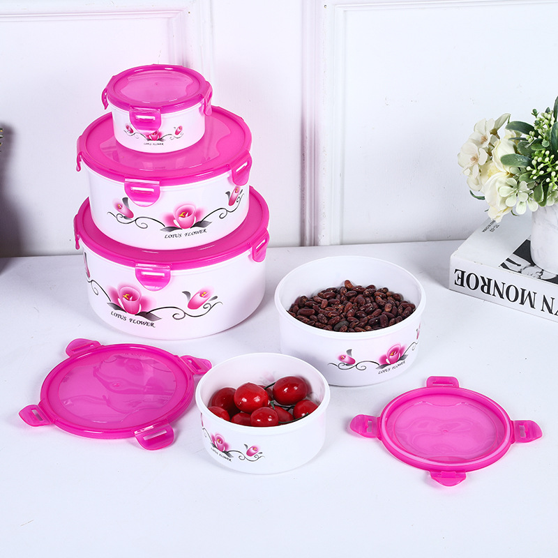 Customized Multi-Specification Lotus Pattern Fresh-Keeping Box round Sealed Lock Fresh-Keeping Bowl with Lid Refrigerator Storage Box