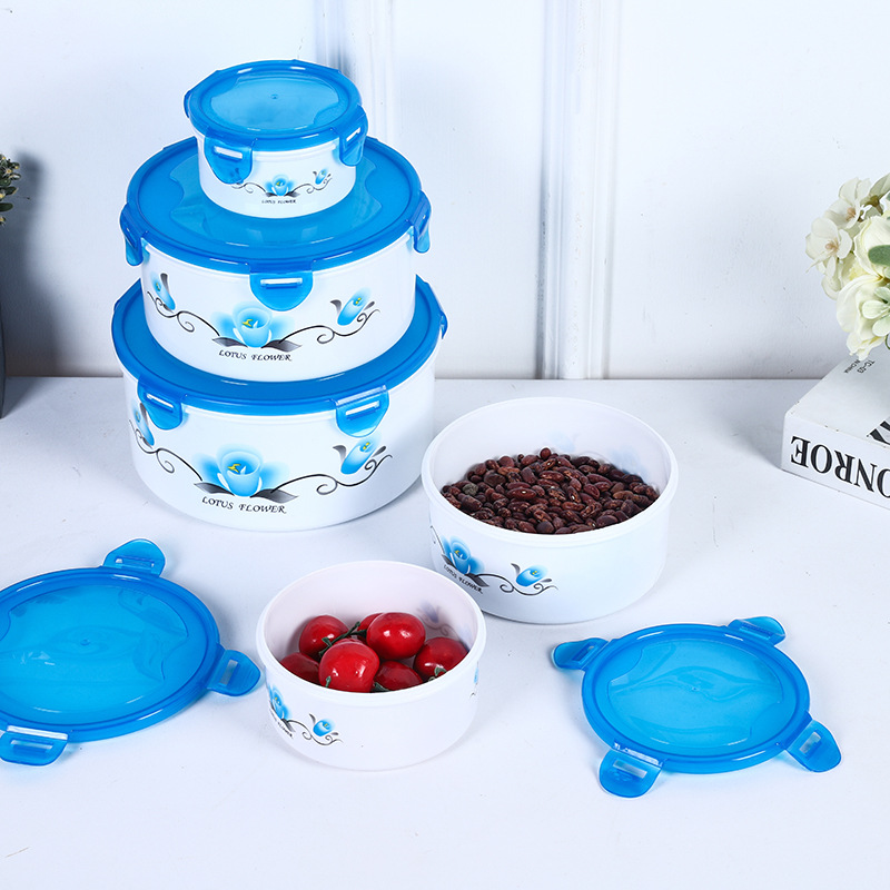 Customized Multi-Specification Lotus Pattern Fresh-Keeping Box round Sealed Lock Fresh-Keeping Bowl with Lid Refrigerator Storage Box