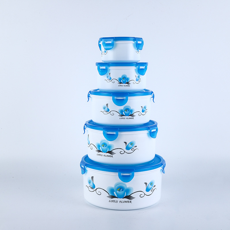 Customized Multi-Specification Lotus Pattern Fresh-Keeping Box round Sealed Lock Fresh-Keeping Bowl with Lid Refrigerator Storage Box