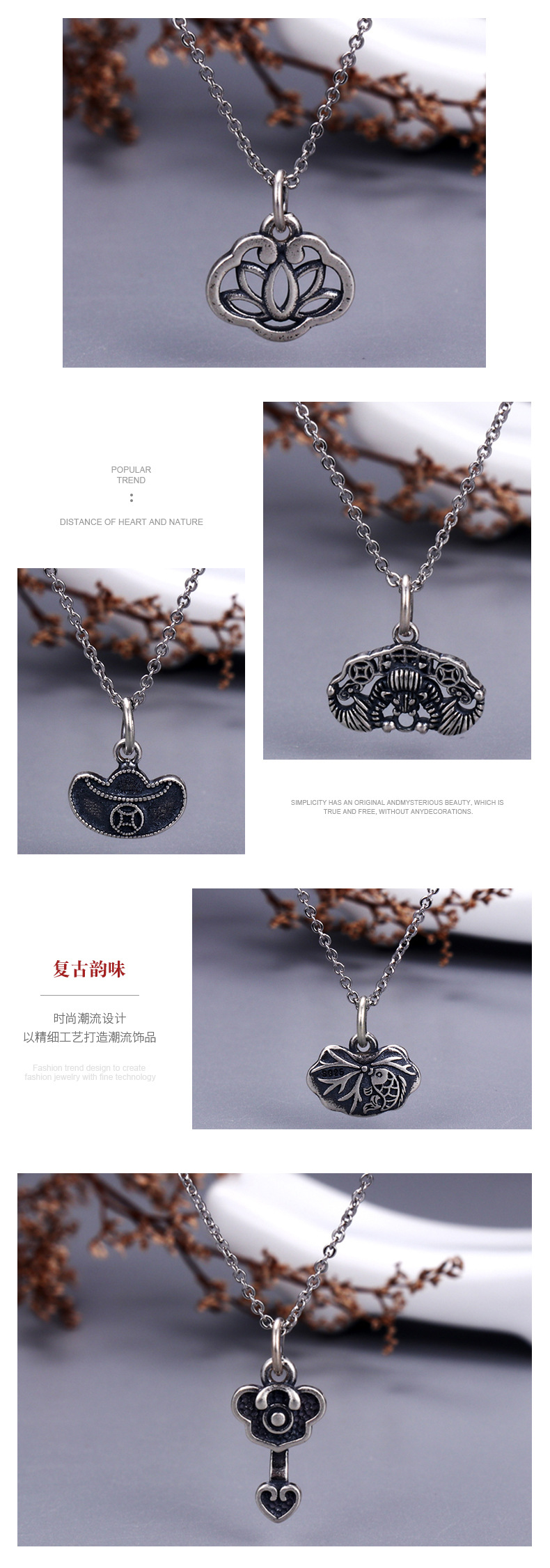 National Style Distressed Thai Silver Safe Longevity Lock Pendant DIY Alloy Accessories Wholesale Fashionable All Match Jewelry Accessories