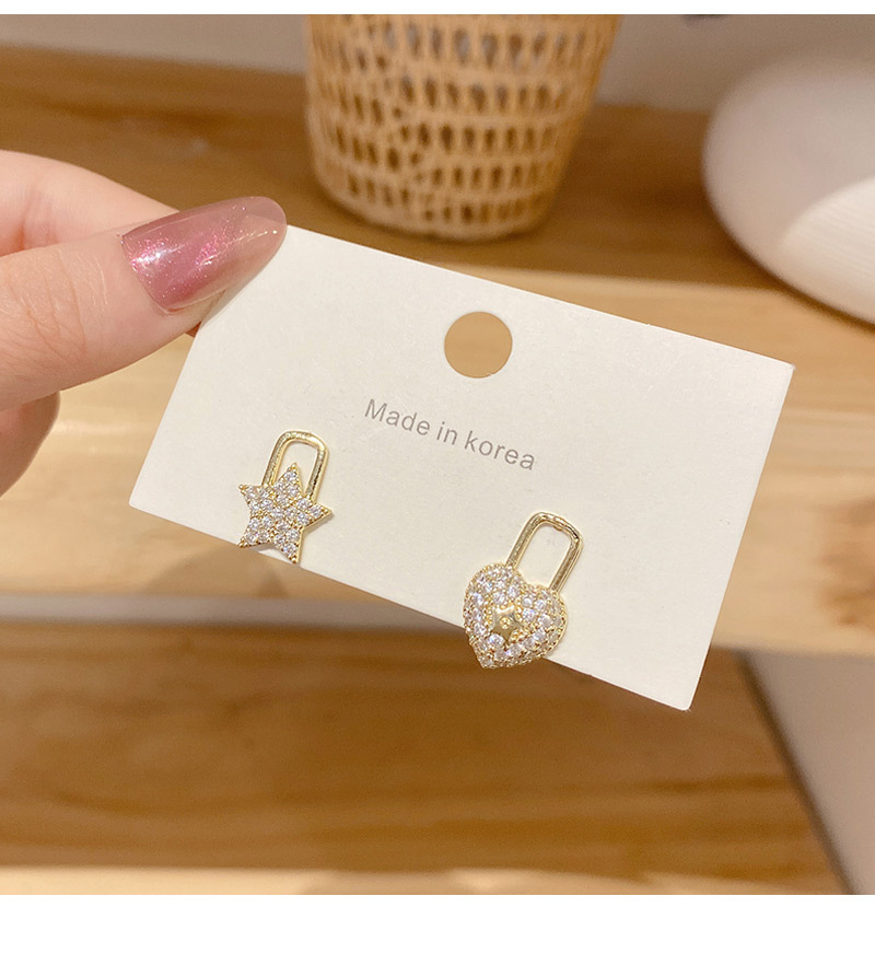 Japanese and Korean Style Creative and Slightly Luxury Asymmetric Earrings Female Five-Pointed Star Lock Head Zircon Earrings Versatile High Sense Ear Rings