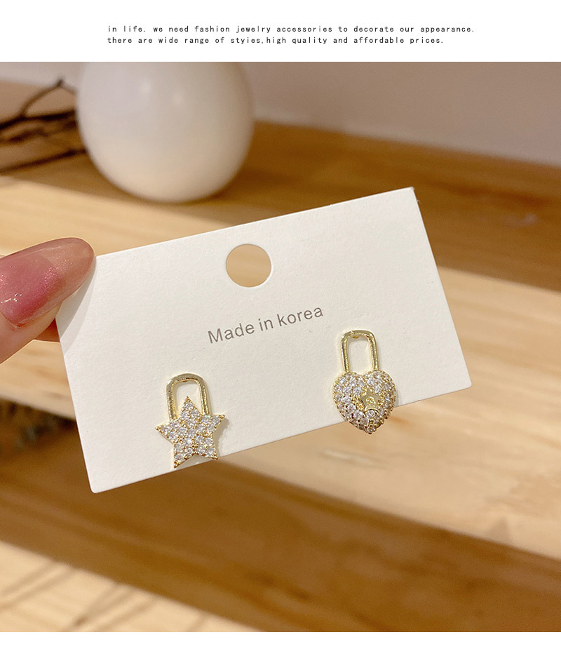 Japanese and Korean Style Creative and Slightly Luxury Asymmetric Earrings Female Five-Pointed Star Lock Head Zircon Earrings Versatile High Sense Ear Rings