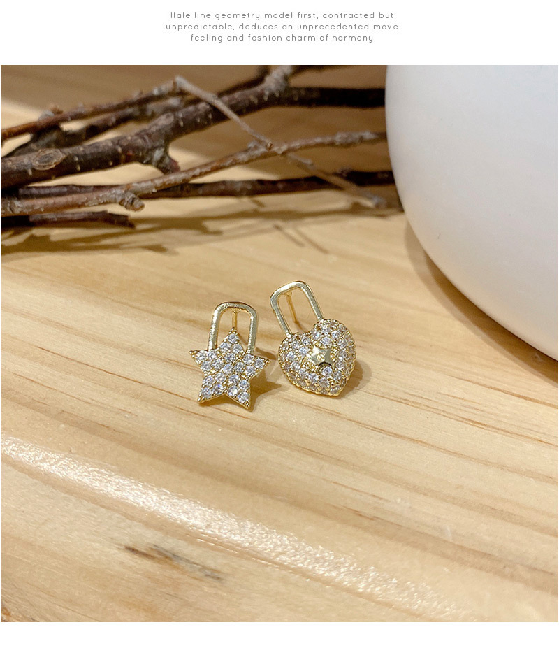 Japanese and Korean Style Creative and Slightly Luxury Asymmetric Earrings Female Five-Pointed Star Lock Head Zircon Earrings Versatile High Sense Ear Rings