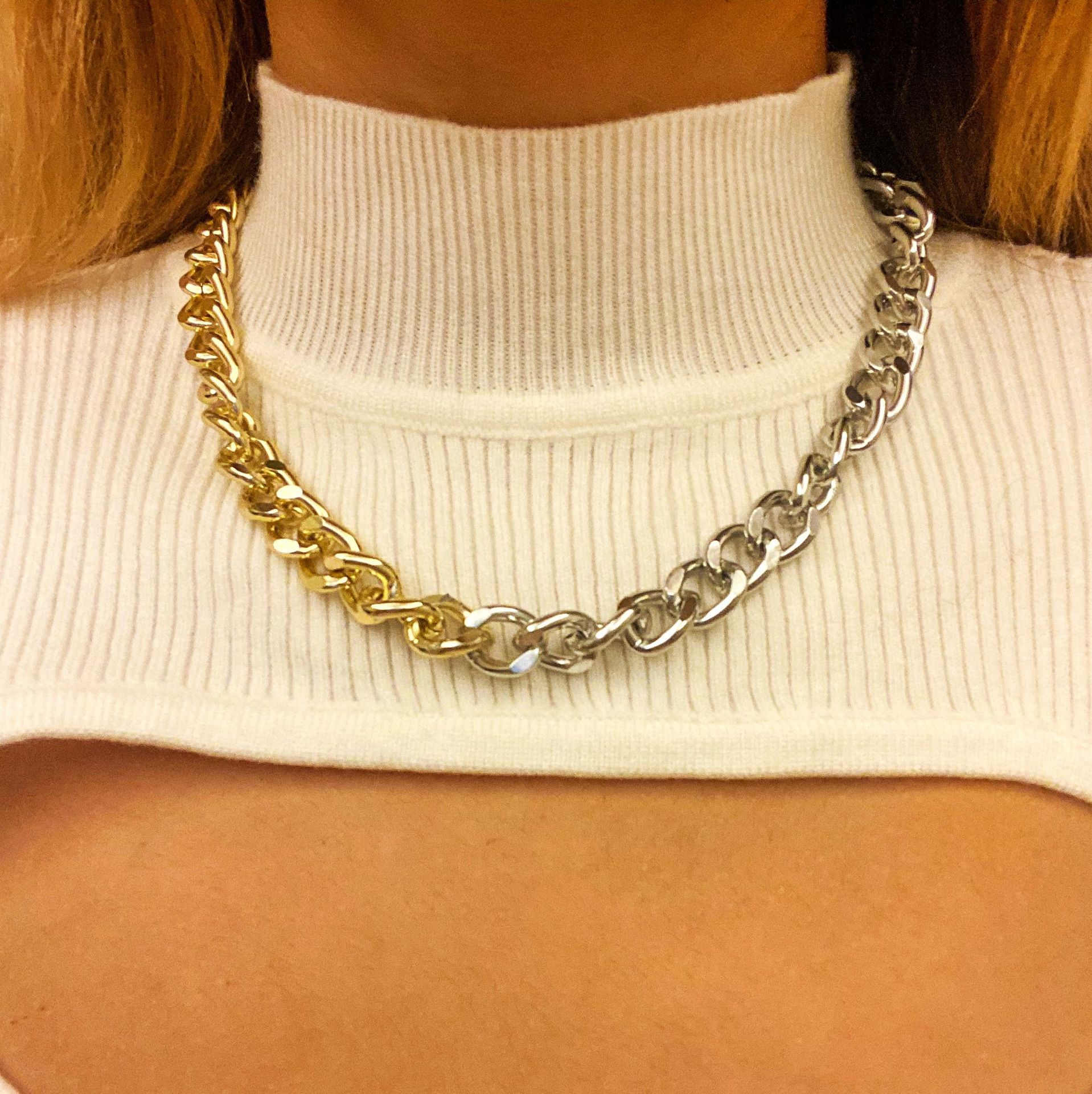 Fashion Simple Gold and Silver Two-Color Aluminum Chain Lock Retro Trendy Exaggerated Cross-Border Ins Necklace European and American Jewelry