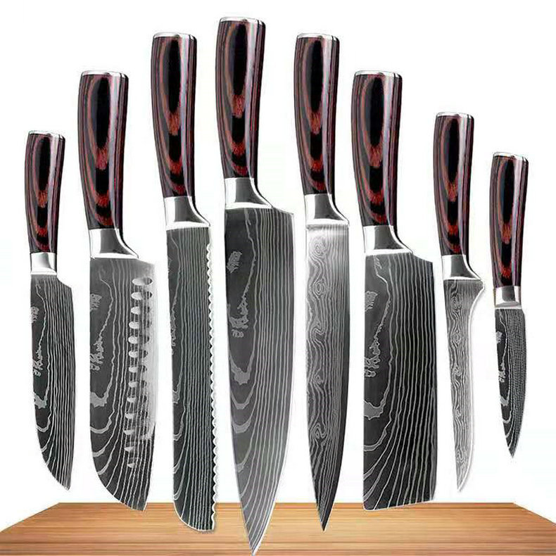 Color Wooden Handle Chef Kitchen Knife Laser Pattern Steel Knife Processing Printable Logo Stainless Steel Chef Knife