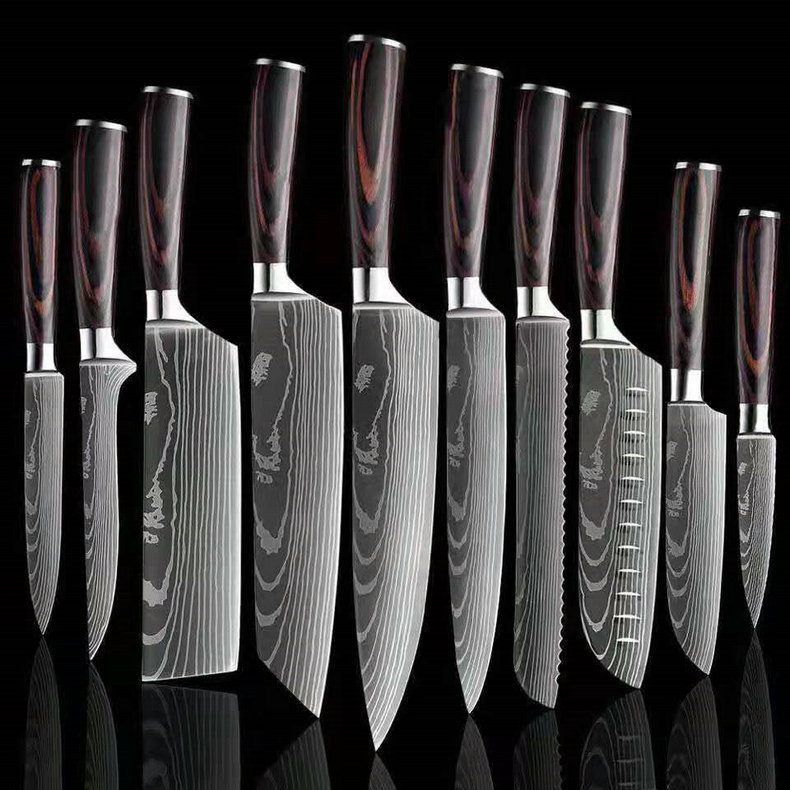 Color Wooden Handle Chef Kitchen Knife Laser Pattern Steel Knife Processing Printable Logo Stainless Steel Chef Knife