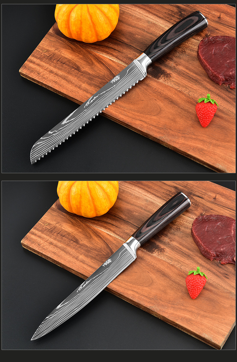 Color Wooden Handle Chef Kitchen Knife Laser Pattern Steel Knife Processing Printable Logo Stainless Steel Chef Knife Color Wooden Handle Chef Kitchen Knife Laser Pattern Steel Knife Processing Printable Logo Stainless Steel Chef Knife