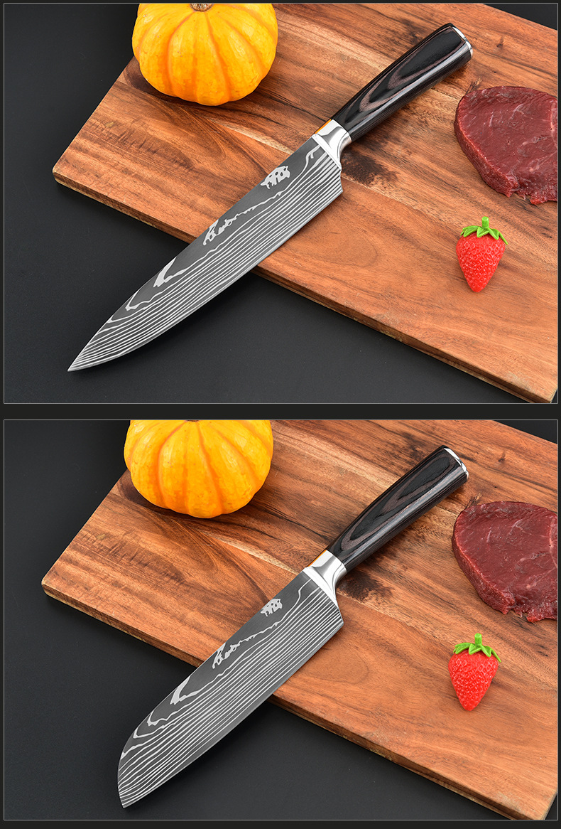 Color Wooden Handle Chef Kitchen Knife Laser Pattern Steel Knife Processing Printable Logo Stainless Steel Chef Knife Color Wooden Handle Chef Kitchen Knife Laser Pattern Steel Knife Processing Printable Logo Stainless Steel Chef Knife