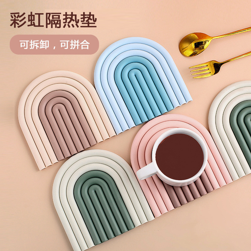 Rainbow Coaster Silicone Pot Pad Dining Table Cushion Amazon Thickened Kitchen Heat-Resistant Placemat Heat Proof Mat Anti-Scald Bowl Mat