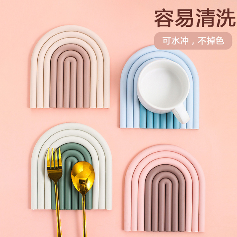 Rainbow Coaster Silicone Pot Pad Dining Table Cushion Amazon Thickened Kitchen Heat-Resistant Placemat Heat Proof Mat Anti-Scald Bowl Mat