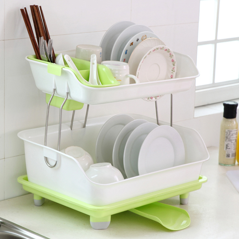 Double-Layer Kitchen Storage Rack Thickened Plastic Bowl Drain Stand Color Box Packaging 360 ° Floor Multi-Functional Storage Rack