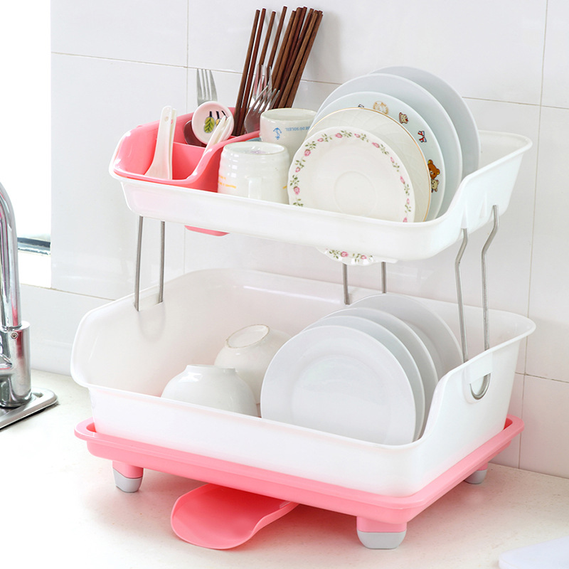 Double-Layer Kitchen Storage Rack Thickened Plastic Bowl Drain Stand Color Box Packaging 360 ° Floor Multi-Functional Storage Rack