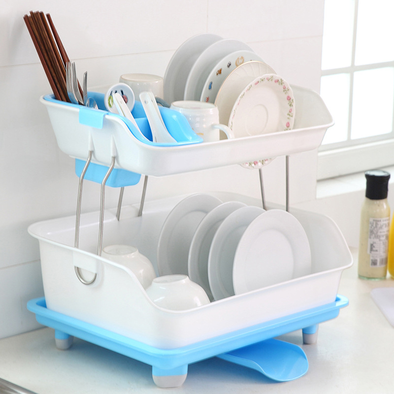 Double-Layer Kitchen Storage Rack Thickened Plastic Bowl Drain Stand Color Box Packaging 360 ° Floor Multi-Functional Storage Rack