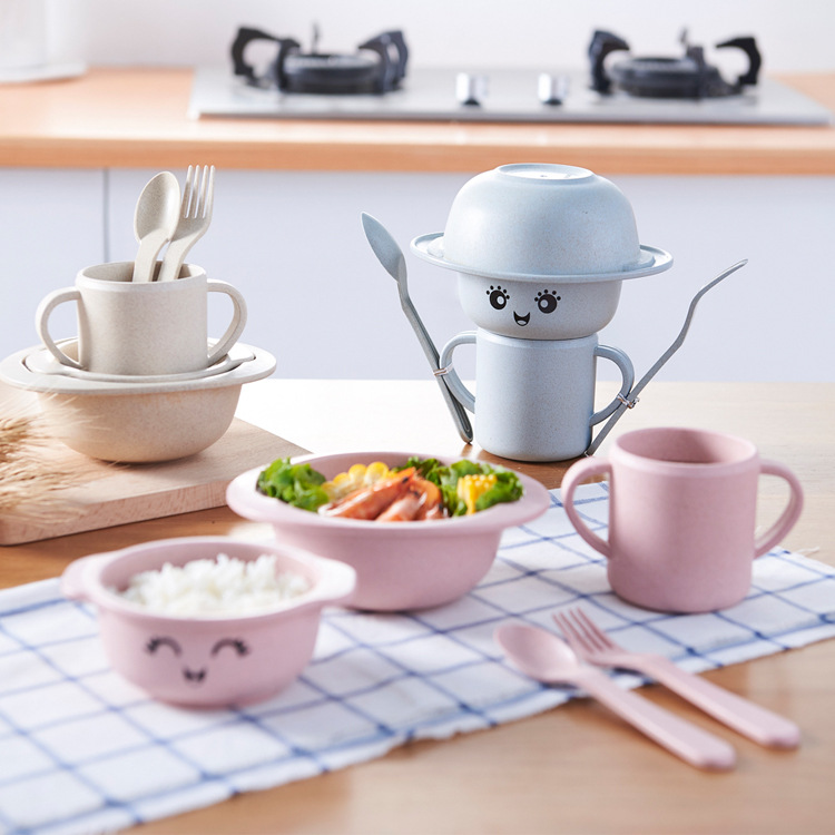 Wheat Straw Children&#039;s Bowl Tableware Set Cartoon-Shaped Spork Fruit Dish Poster Cute Gift Set
