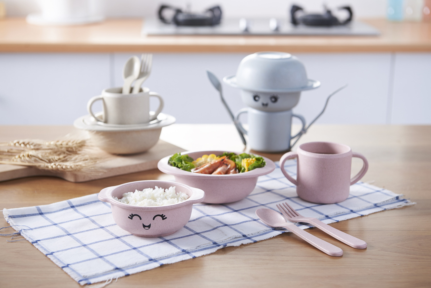 Wheat Straw Children&#039;s Bowl Tableware Set Cartoon-Shaped Spork Fruit Dish Poster Cute Gift Set