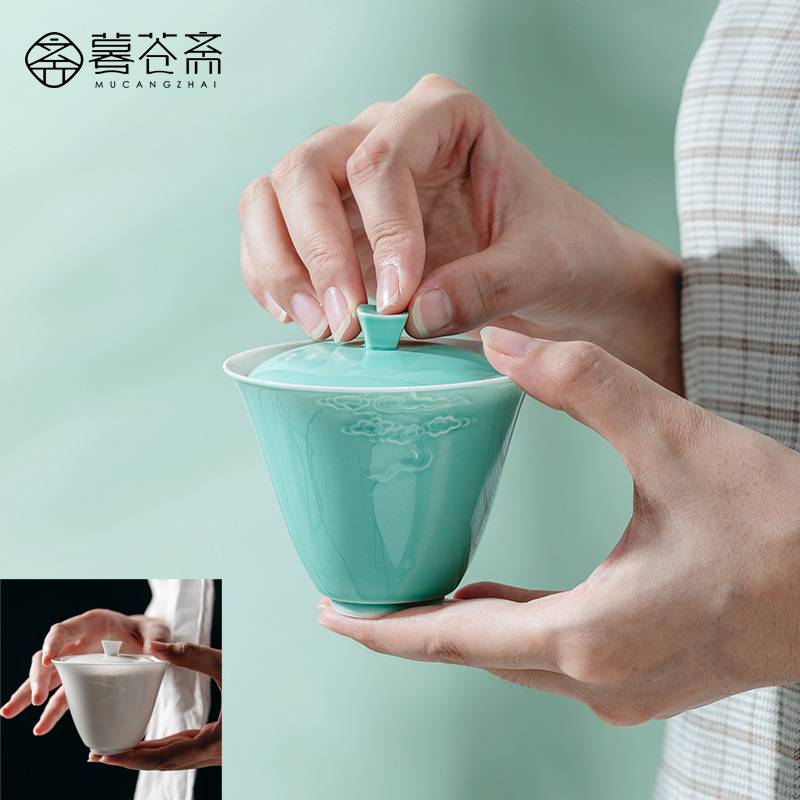 Dehua Sheep Fat Jade HandCarved Auspicious Cloud Cover Bowl Thin Tire Not Hot Tea Bowl Kung Fu Tea Set Ceramic Whiteware