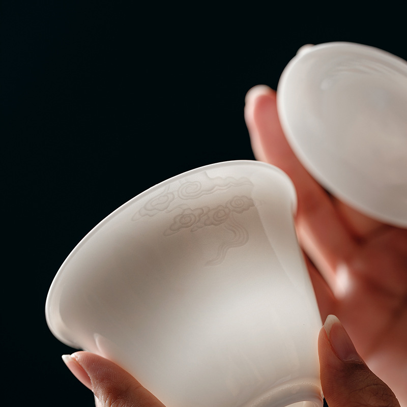 Dehua Sheep Fat Jade HandCarved Auspicious Cloud Cover Bowl Thin Tire Not Hot Tea Bowl Kung Fu Tea Set Ceramic Whiteware
