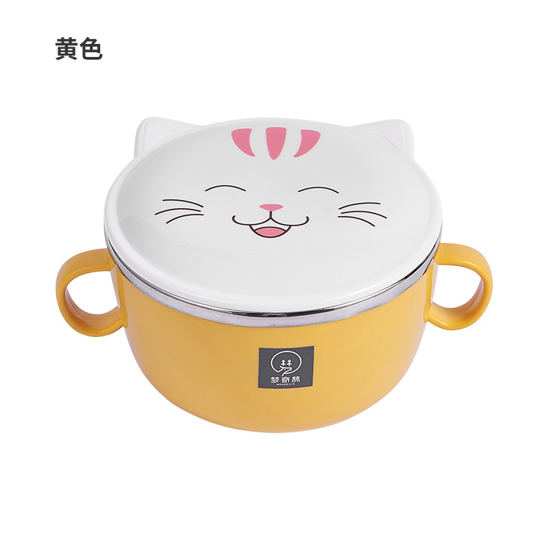 New 304 Stainless Steel Double Layer Instant Noodle Bowl Cute Kitty Bubble Instant Noodle Bowl Large Capacity Student Instant Noodle Bowl Instant Noodle Bowl