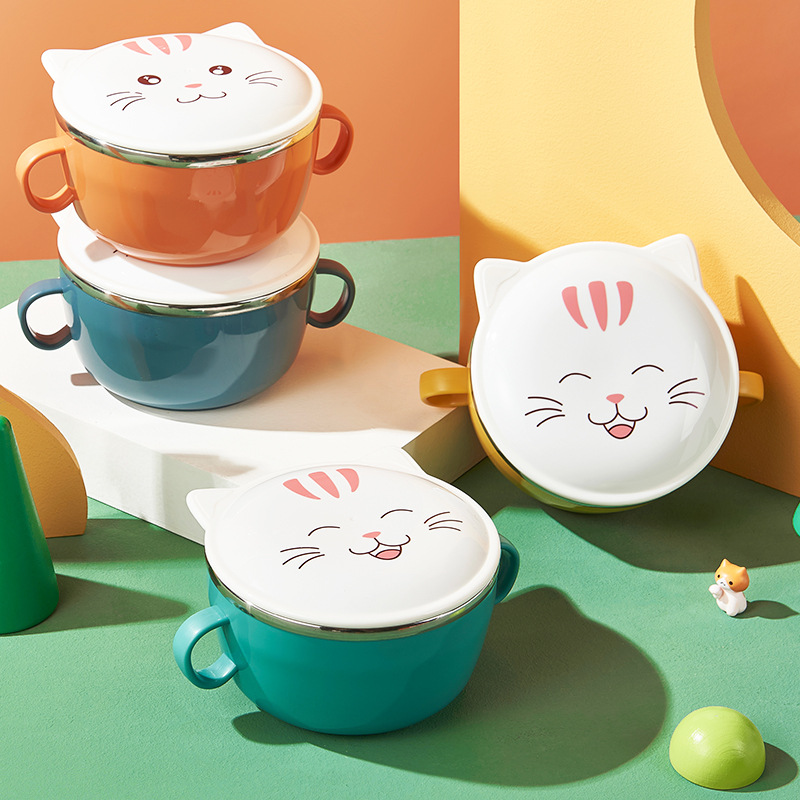 New 304 Stainless Steel Double Layer Instant Noodle Bowl Cute Kitty Bubble Instant Noodle Bowl Large Capacity Student Instant Noodle Bowl Instant Noodle Bowl