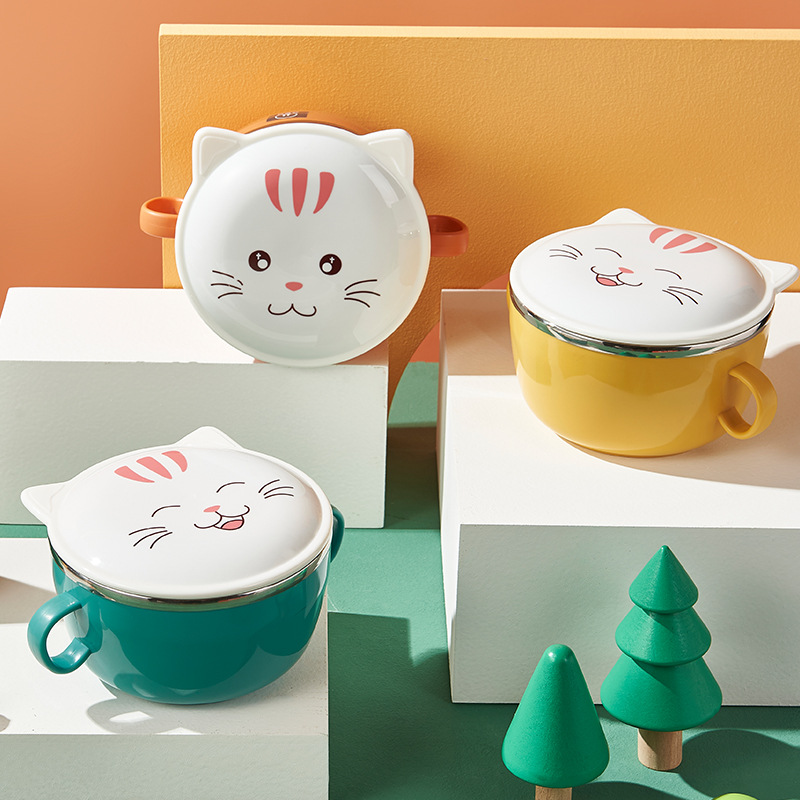 New 304 Stainless Steel Double Layer Instant Noodle Bowl Cute Kitty Bubble Instant Noodle Bowl Large Capacity Student Instant Noodle Bowl Instant Noodle Bowl
