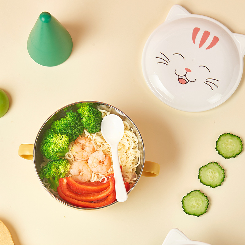 New 304 Stainless Steel Double Layer Instant Noodle Bowl Cute Kitty Bubble Instant Noodle Bowl Large Capacity Student Instant Noodle Bowl Instant Noodle Bowl