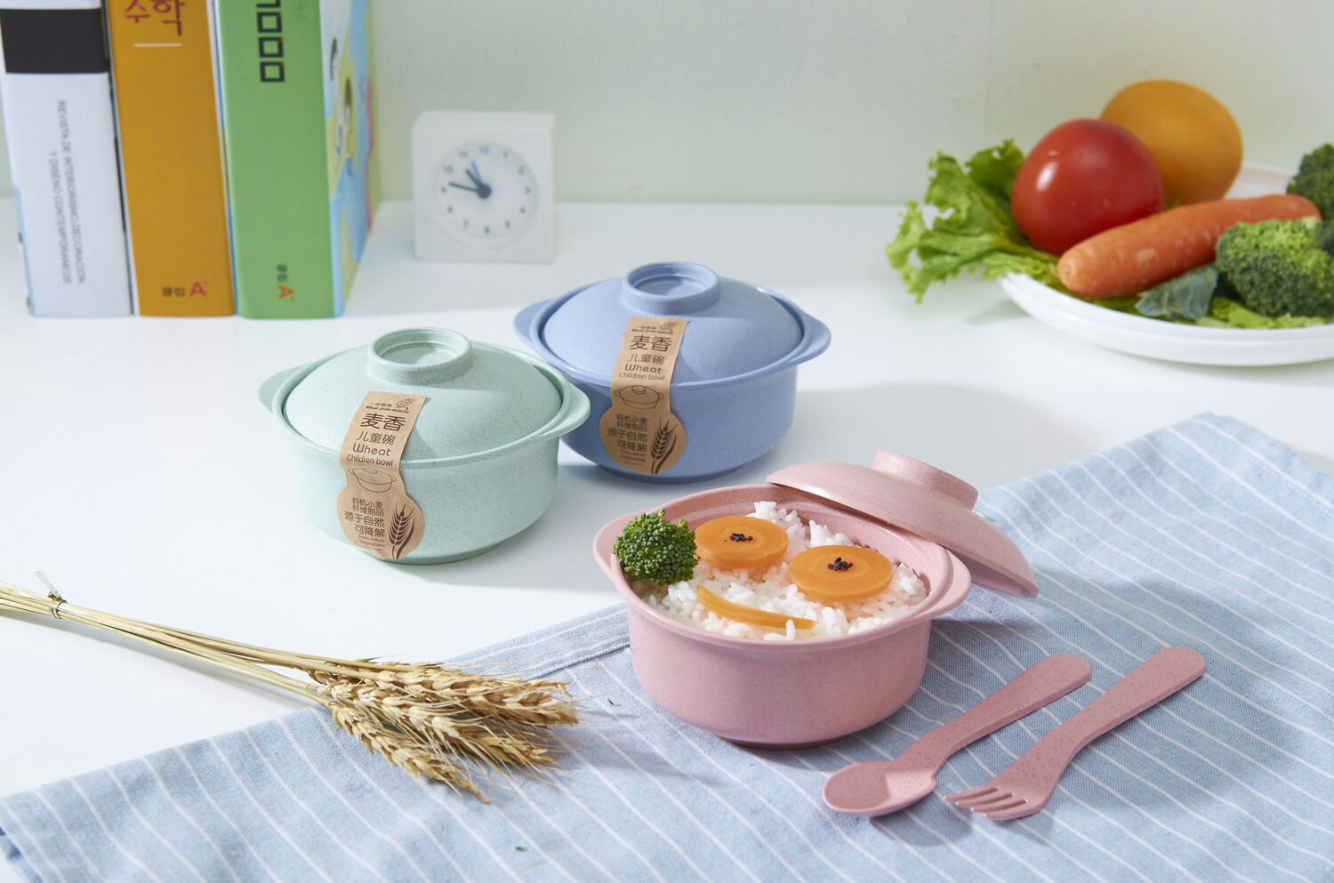 TJL5459 Japanese environmentally friendly and healthy wheat straw thermal insulation bubble bowl household bowl with a cover wheat fragrance bowl