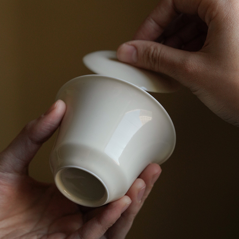 Twilight Cangzhai Jingdezhen Handmade Thin Tire Apricot White Cover Bowl Kung Fu Tea Set Tea Cup Tea Bowl