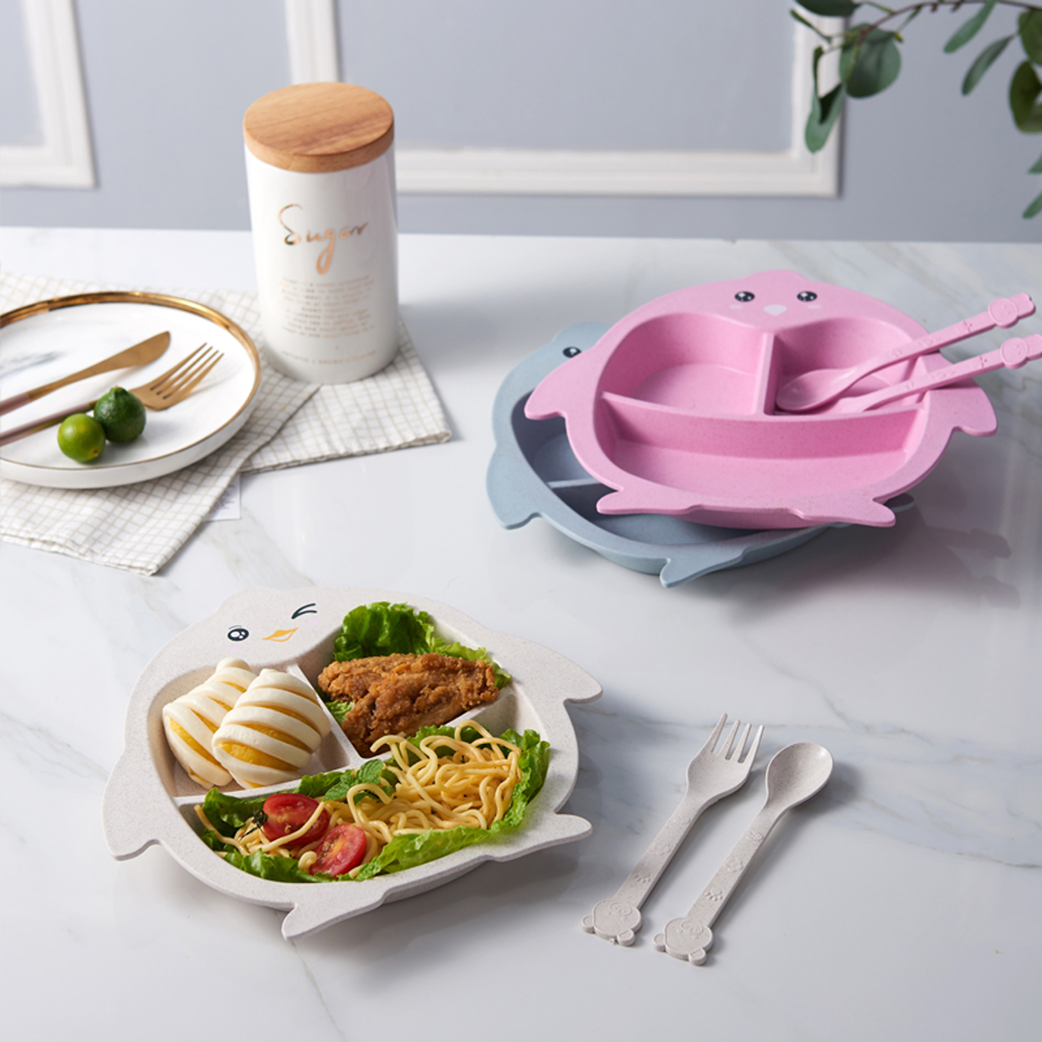Children tableware wheat straw children suit cartoon penguin three piece set of spoon fork plate set three grid plate Children tableware wheat straw children suit cartoon penguin three piece set of spoon fork plate set three grid plate