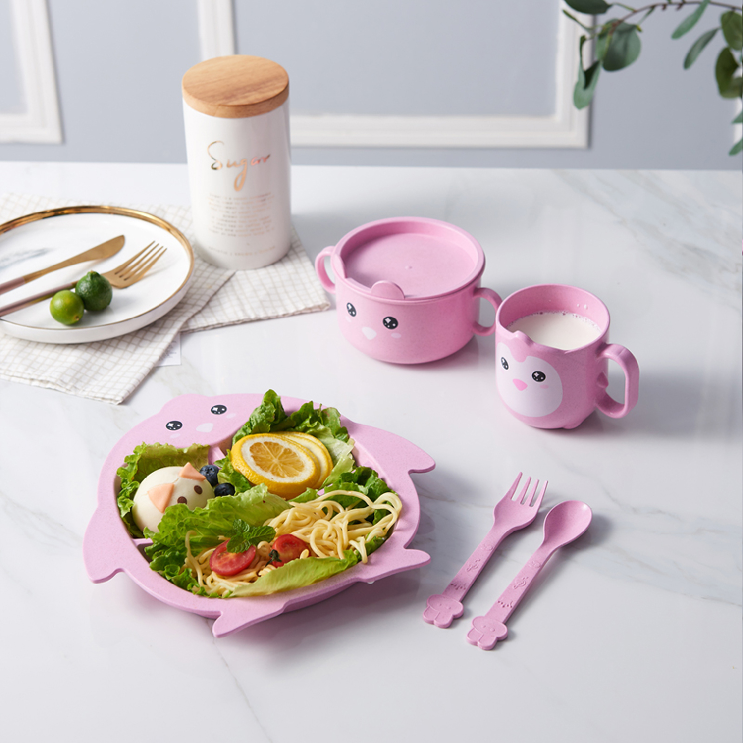Children tableware wheat straw children suit cartoon penguin three piece set of spoon fork plate set three grid plate Children tableware wheat straw children suit cartoon penguin three piece set of spoon fork plate set three grid plate
