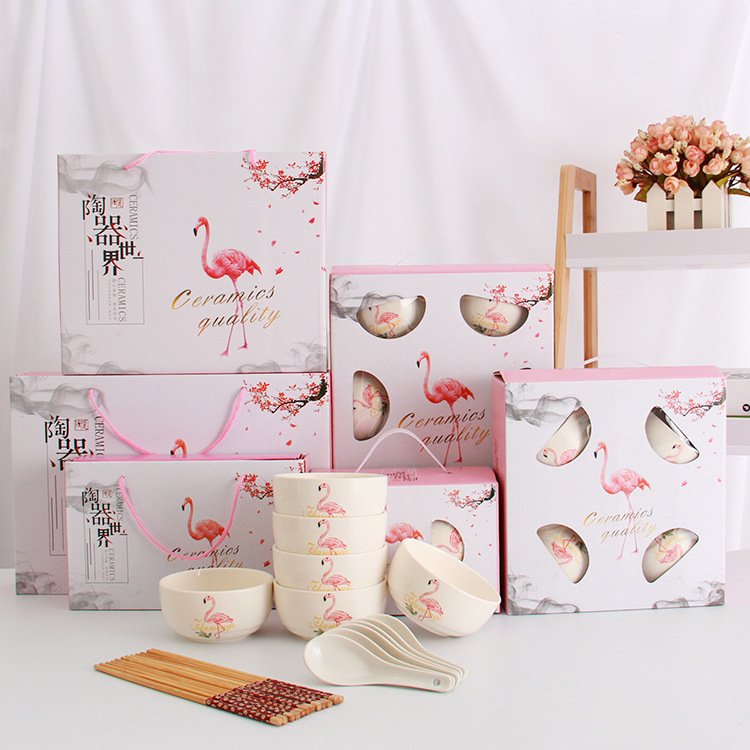 Flamingo Ceramic Tableware Opening Gift Gift Activity Gift Bowl and Chopsticks Set Moltres Bowl Spoon Tableware Gift