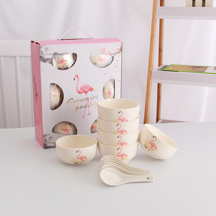 Flamingo Ceramic Tableware Opening Gift Gift Activity Gift Bowl and Chopsticks Set Moltres Bowl Spoon Tableware Gift