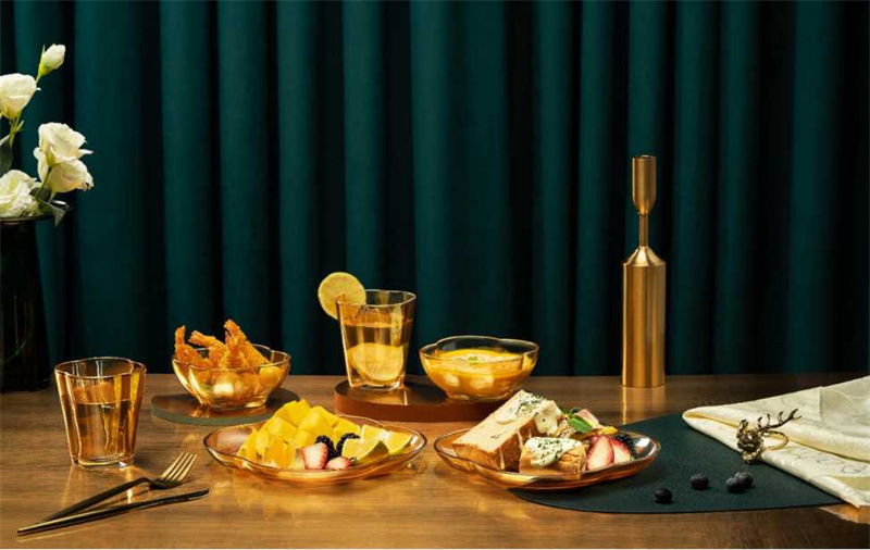 Heat-Resistant Golden Tableware Glass Bowl Plate Amber Pot Gift Set New Year&#039;s Day National Day Mid-Autumn Festival Dragon Boat Festival Gift