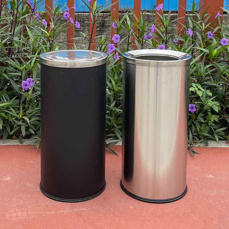 Simple Stainless Steel round Direct Projection Rocker Cover Type Hong Kong-Style Dustbin Hotel Mall Square Vertical Floor Garbage Bin