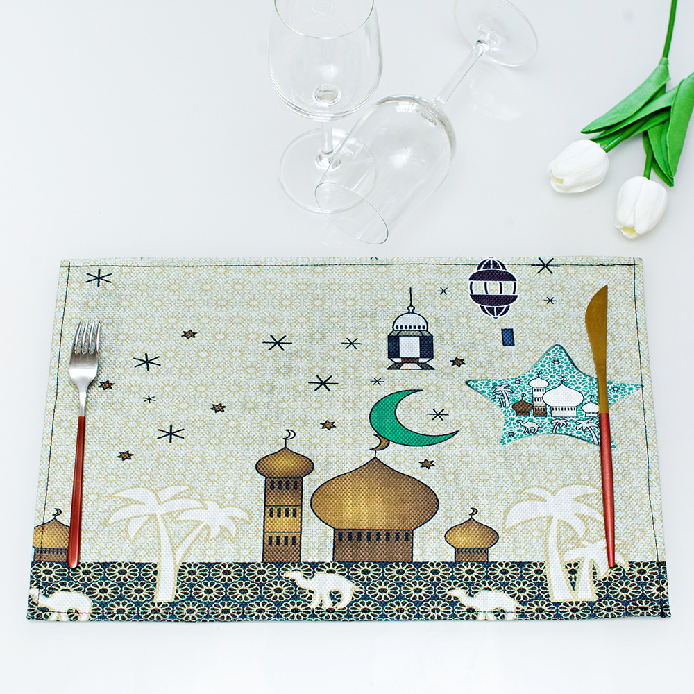 Muslim Eid Fabric Craft Placemat Household Linen Waterproof Insulated Table Cloth Ramadan Moon West Tableware Mat