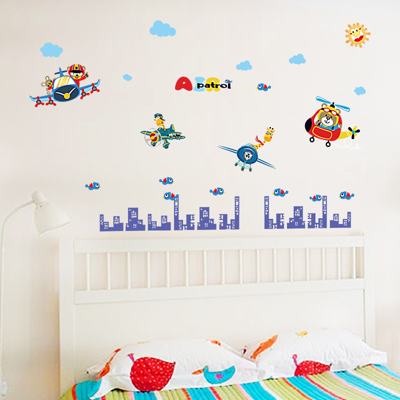 Cartoon Animal Pilot Wall Stickers Bedroom Children&#039;s Room Bedside Table Door Wall Decoration Aircraft Stickers