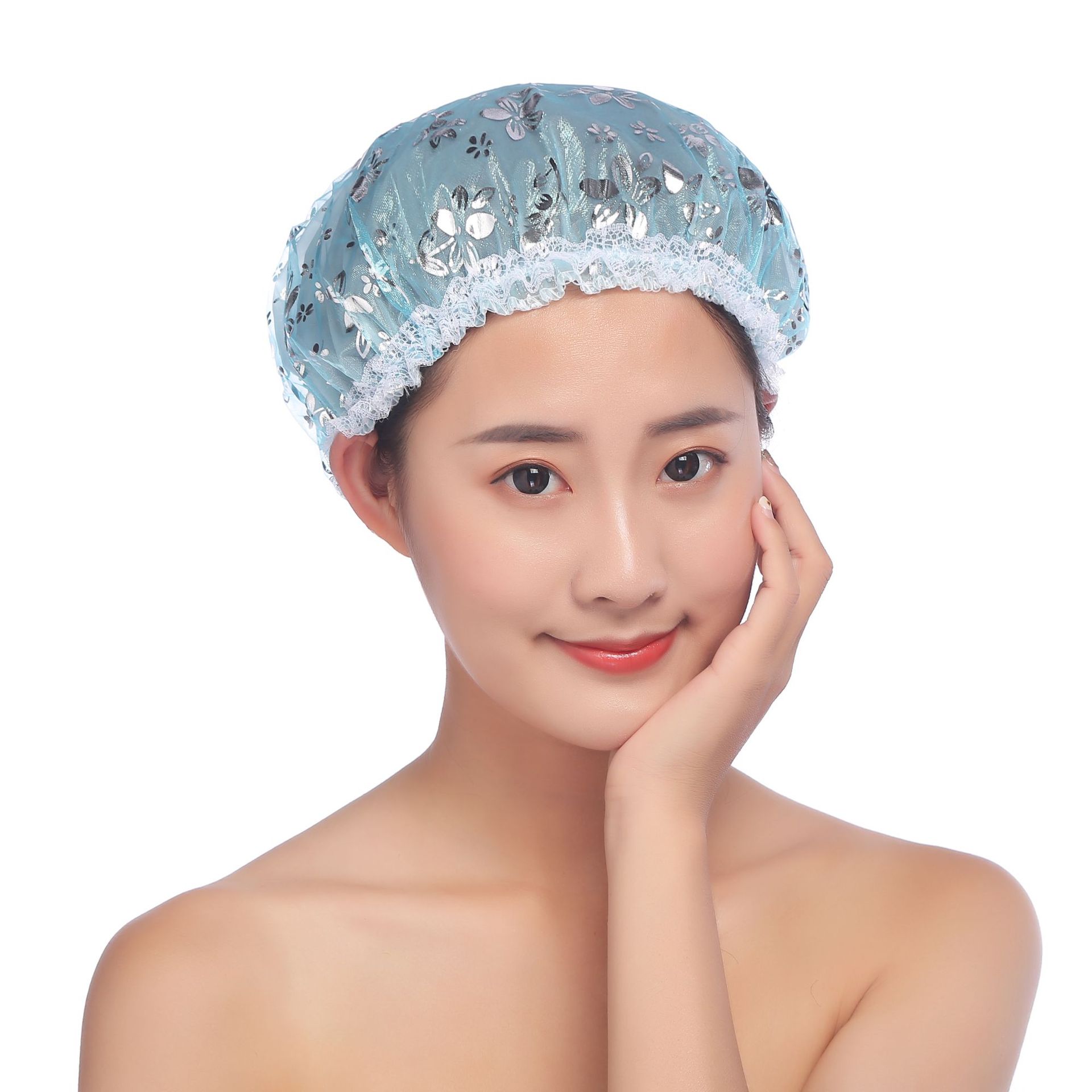 EVA double-layer bath cap ironed silver waterproof bath cap lace mesh boxed wash face makeup bath cap Yiwu Wholesale