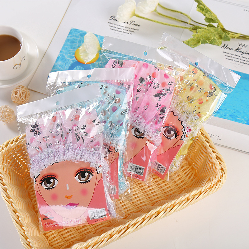 EVA double-layer bath cap ironed silver waterproof bath cap lace mesh boxed wash face makeup bath cap Yiwu Wholesale EVA double-layer bath cap ironed silver waterproof bath cap lace mesh boxed wash face makeup bath cap Yiwu Wholesale