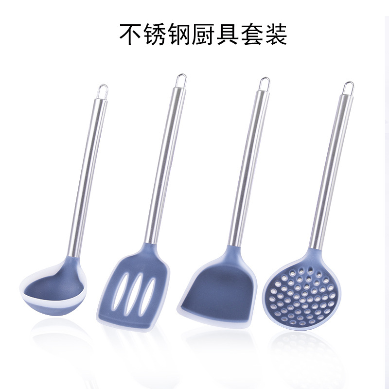 Spot Supply Stainless Steel Silicone Kitchenware Chinese Silicone Kitchenware Set Kitchen Cooking Spoon and Shovel Slotted Turner Soup Ladle