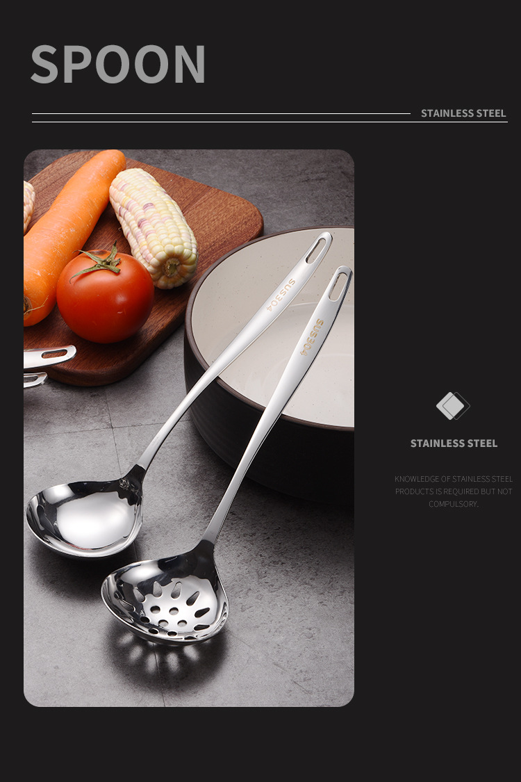 New 304 Stainless Steel Kitchenware Hot Pot Slotted Ladle Soup Spoon 6-7cm Soup Spoon and Spatula Set Heat Insulation Soup Kitchen