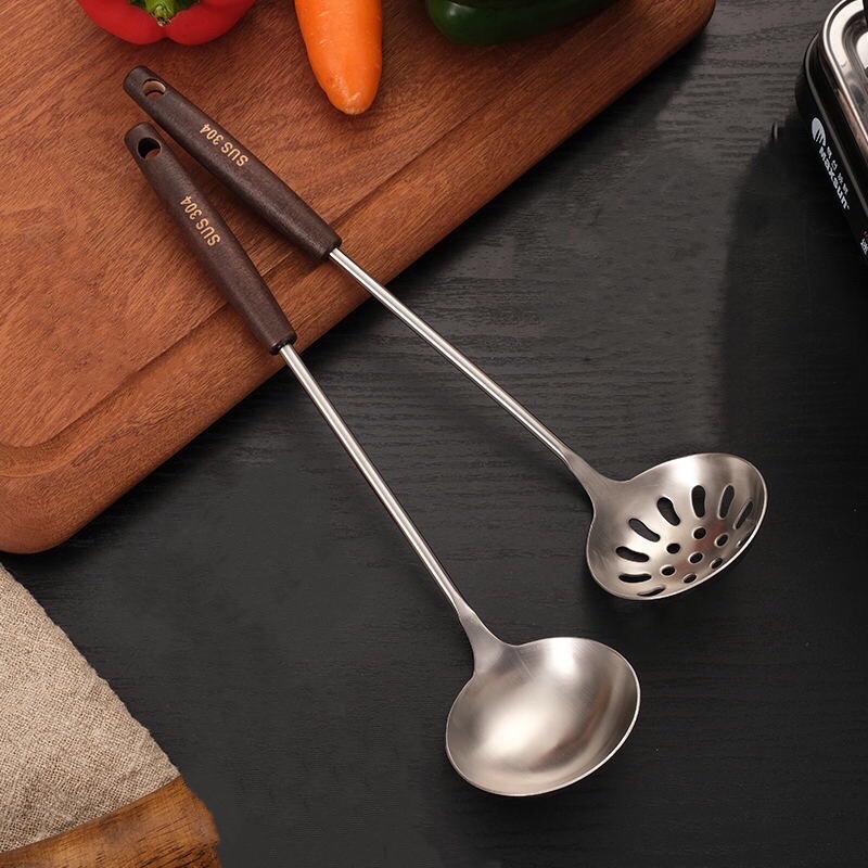 Matte Hot Pot Spoon 304 Stainless Steel Soup Ladle Wooden Handle Colander Household Kitchen Cooking Spoon Thickened Hot Pot Colander