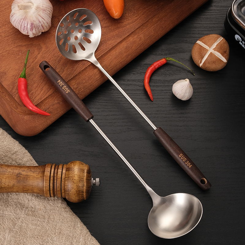 Matte Hot Pot Spoon 304 Stainless Steel Soup Ladle Wooden Handle Colander Household Kitchen Cooking Spoon Thickened Hot Pot Colander